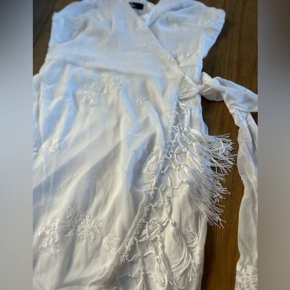 LULUS Fun Affair White Floral Embroidered Tassel Midi Wrap Dress Romantic - Picture 9 of 15